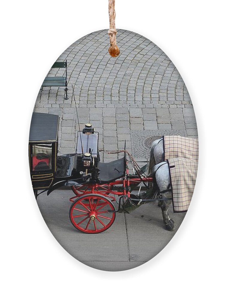 Carriage Ornament featuring the photograph Black and red horse carriage - Vienna Austria by Imran Ahmed
