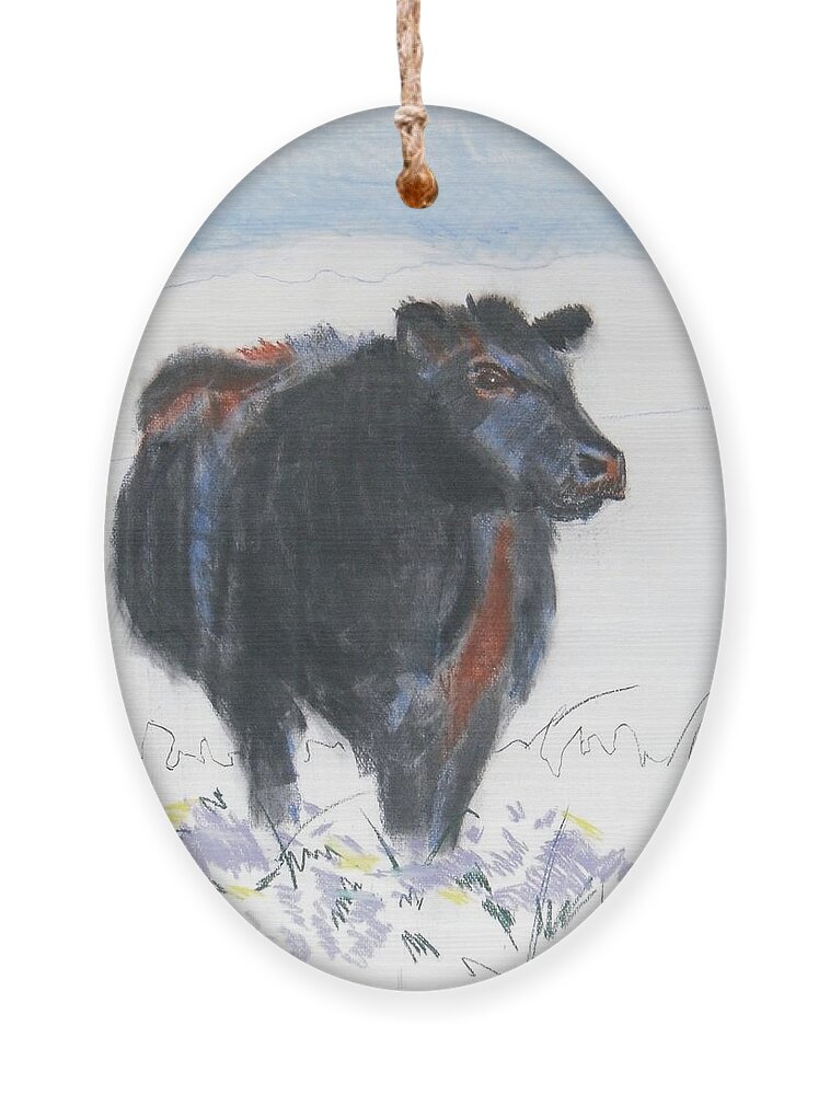 Mike Jory Cow Ornament featuring the painting Black Cow Drawing by Mike Jory