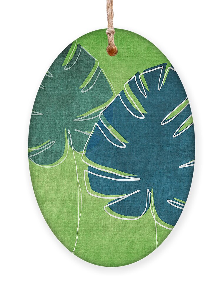 Palm Tree Ornament featuring the painting Blue and Green Palm Leaves by Linda Woods