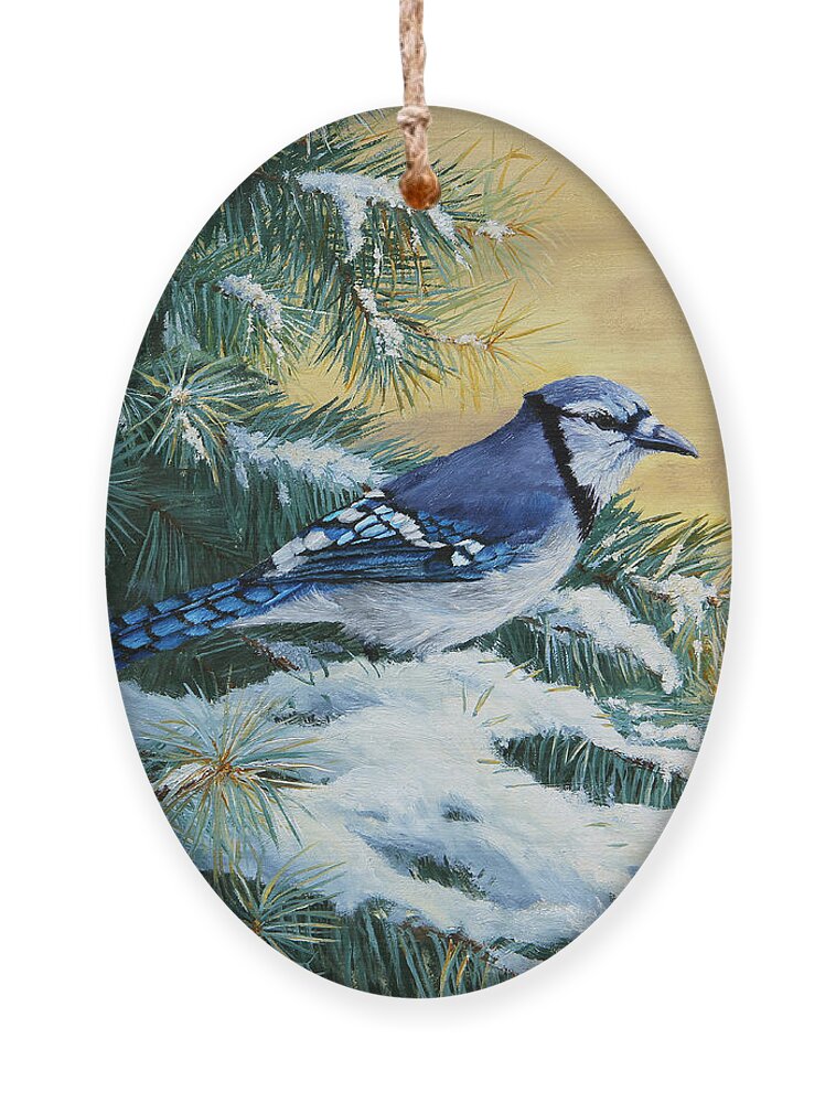 Song Bird Ornament featuring the painting Blue Jay And Blue Spruce by Johanna Lerwick