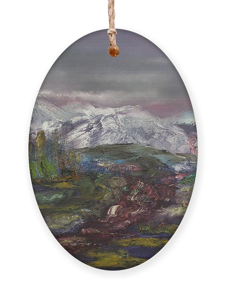 Winter Scene Of Mountains Ornament featuring the painting Blurred Mountain by Jan Dappen