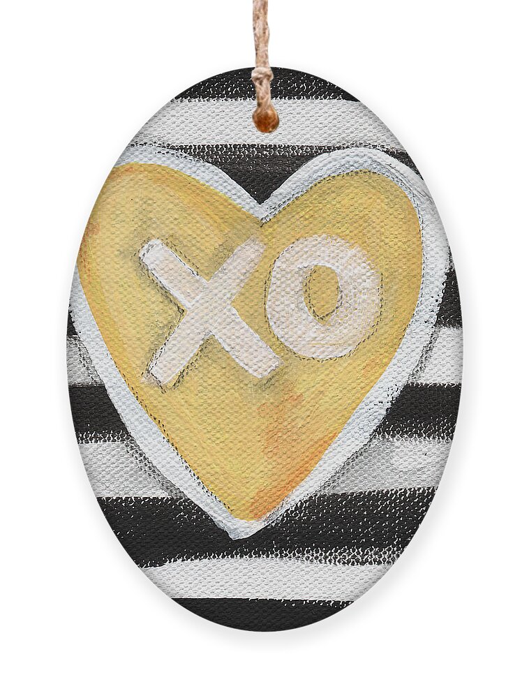 Love Heart Valentine Romance Stripes Black White Yellow Grey Pop Art Contemporary Art Watercolor Ink Painting Xo Family Friend Wife Husband Bedroom Art Kitchen Art Living Room Art Gallery Wall Art Art For Interior Designers Hospitality Art Set Design Wedding Gift Art By Linda Woodspillow Ornament featuring the painting Bold Love by Linda Woods