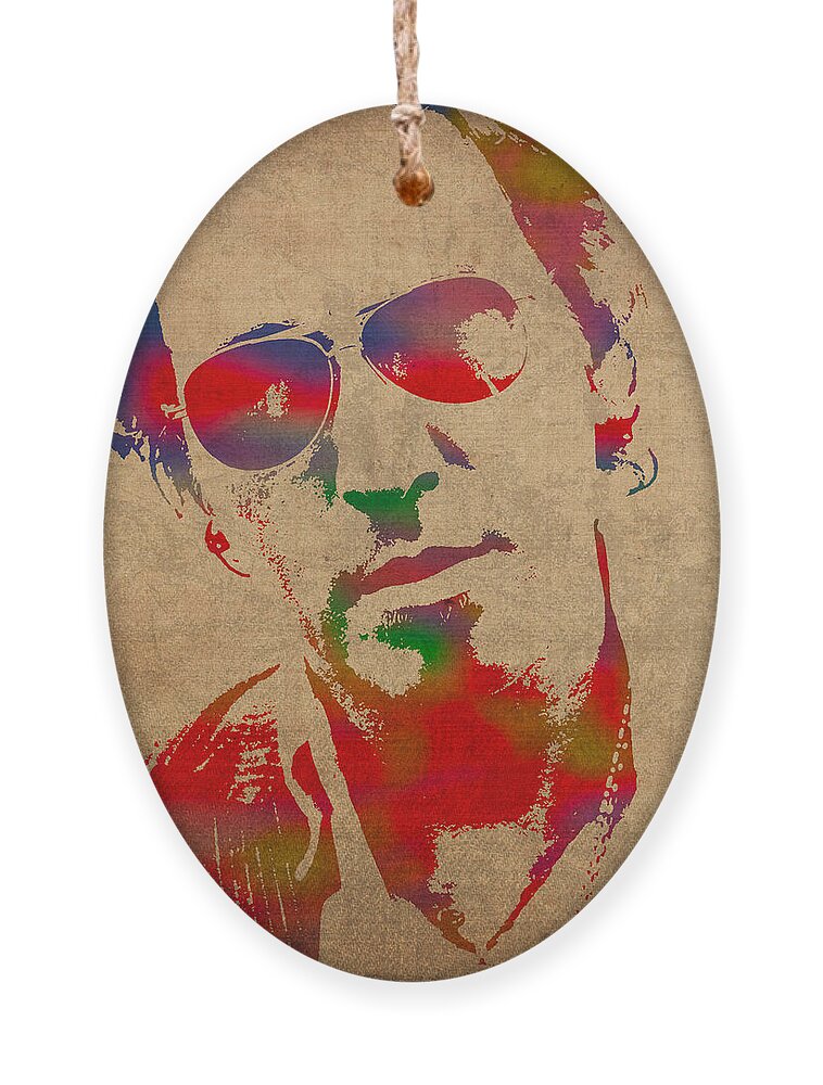 Bruce Springsteen Watercolor Portrait On Worn Distressed Canvas Ornament featuring the mixed media Bruce Springsteen Watercolor Portrait on Worn Distressed Canvas by Design Turnpike