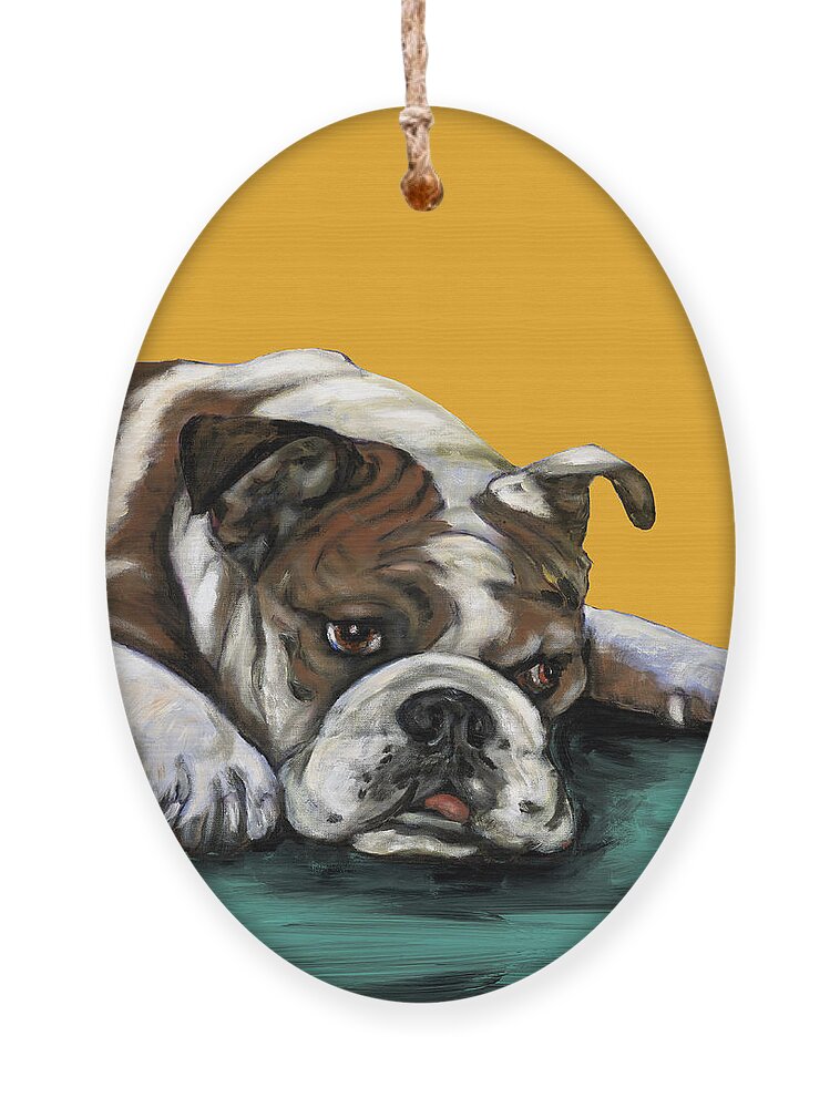 Bull Dog Ornament featuring the painting Bulldog On Yellow by Dale Moses