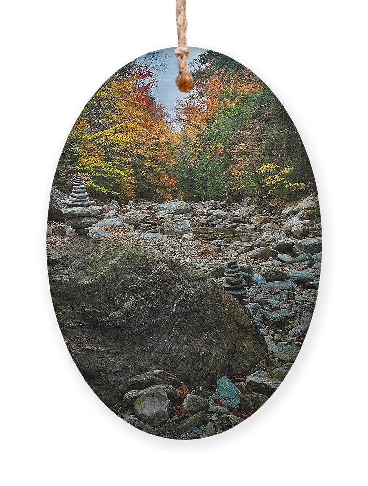 Autumn Foliage New England Ornament featuring the photograph Cairn amid Vermont fall colors by Jeff Folger