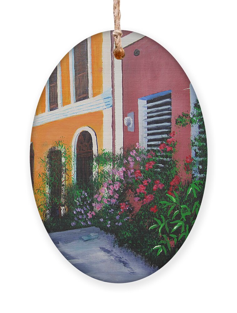 Old San Juan Ornament featuring the painting Callejon En El Viejo San Juan by Luis F Rodriguez