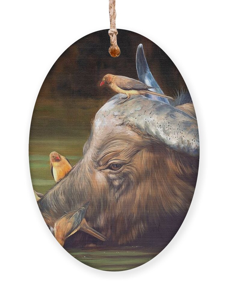 Cape Buffalo Ornament featuring the painting Cape Buffalo and Oxpeckers by David Stribbling
