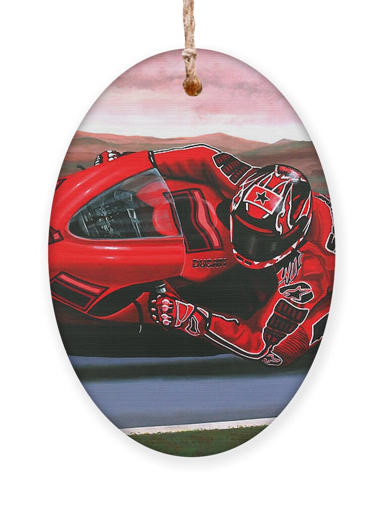 Casey Stoner On Ducati Ornament featuring the painting Casey Stoner on Ducati by Paul Meijering