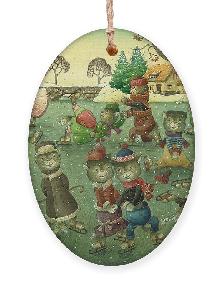 Christmas Greeting Cards Ise Skating Cat Holiday Ornament featuring the painting Cats on Skates by Kestutis Kasparavicius
