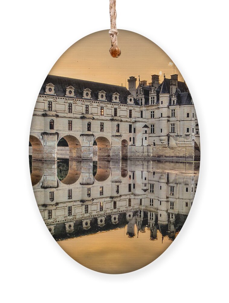 Chateau De Chenonceau Ornament featuring the photograph Chenonceau Castle in the twilight panorama by Weston Westmoreland