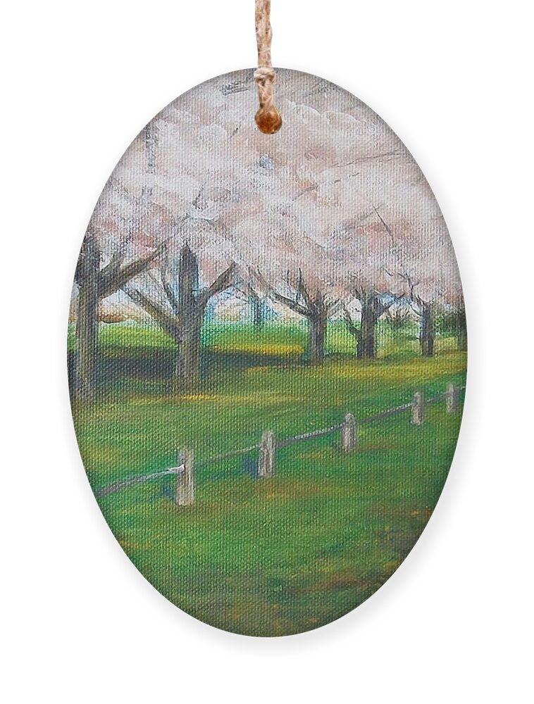 Landscape Ornament featuring the painting Cherry Blossom Christchurch by Jane See