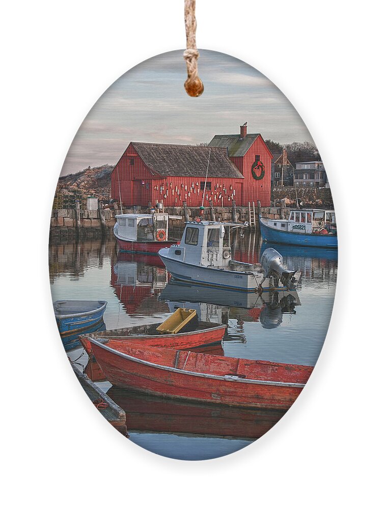 Rockport Harbor Ornament featuring the photograph Christmas at Motif 1 Rockport Massachusetts by Jeff Folger