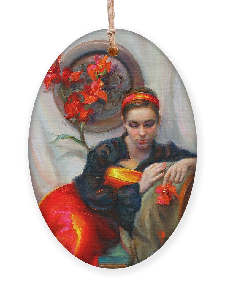 Talya Ornament featuring the painting Common Threads - Divine Feminine in silk red dress by Talya Johnson