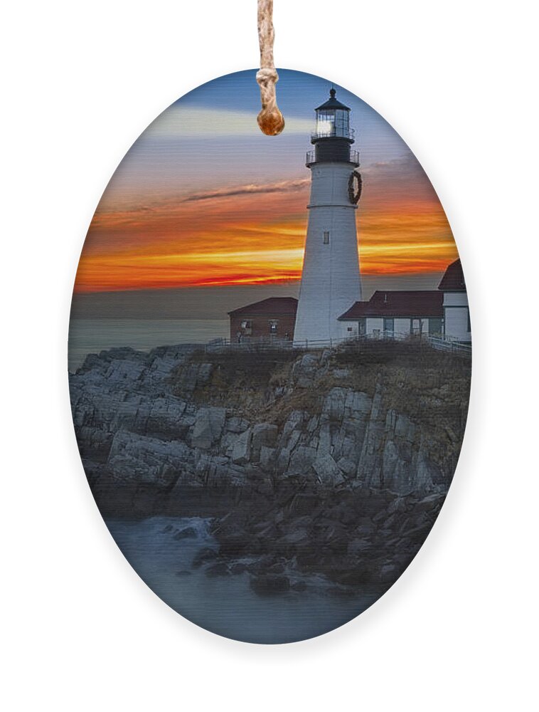 Portland Ornament featuring the photograph Dawn At Portalnd Head Light by Susan Candelario