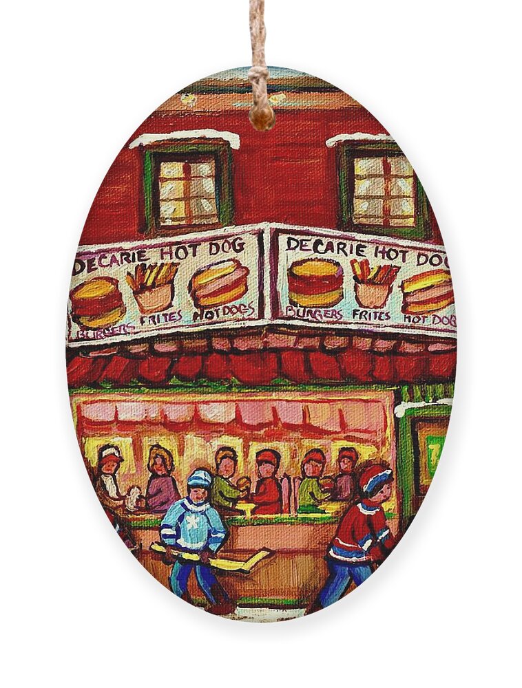 Montreal Ornament featuring the painting Decarie Hot Dog Restaurant Cosmix Comic Store Montreal Paintings Hockey Art Winter Scenes C Spandau by Carole Spandau