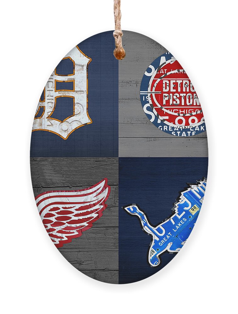 Detroit Ornament featuring the mixed media Detroit Sports Fan Recycled Vintage Michigan License Plate Art Tigers Pistons Red Wings Lions by Design Turnpike
