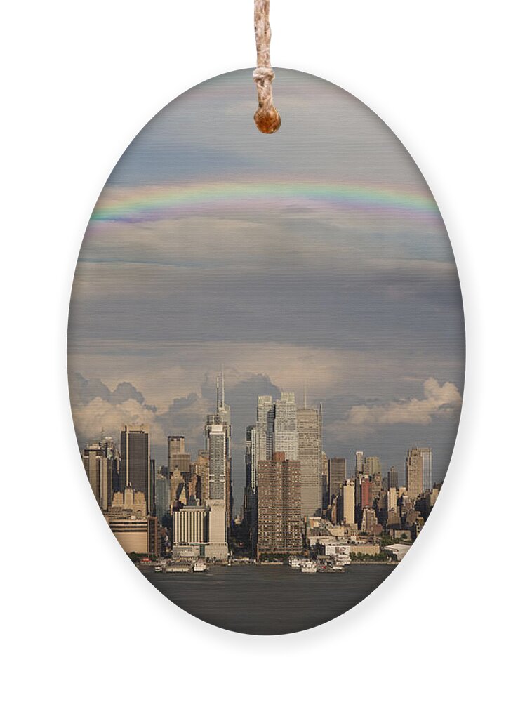 New York City Skyline Ornament featuring the photograph Double Rainbow Over NYC by Susan Candelario
