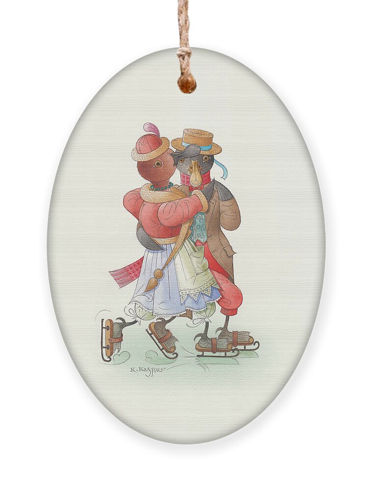 Christmas Winter Snow White Ice Skate Red Blue Greeting Cards Ornament featuring the painting Ducks on skates 02 by Kestutis Kasparavicius