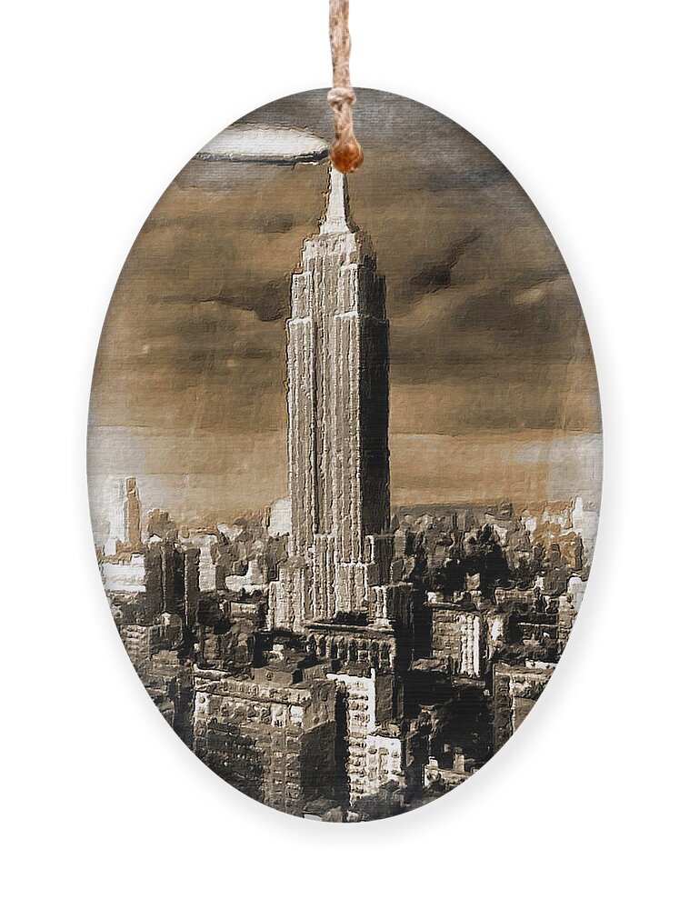 Empire Ornament featuring the painting Empire State Building Blimp Docking Sepia by Tony Rubino