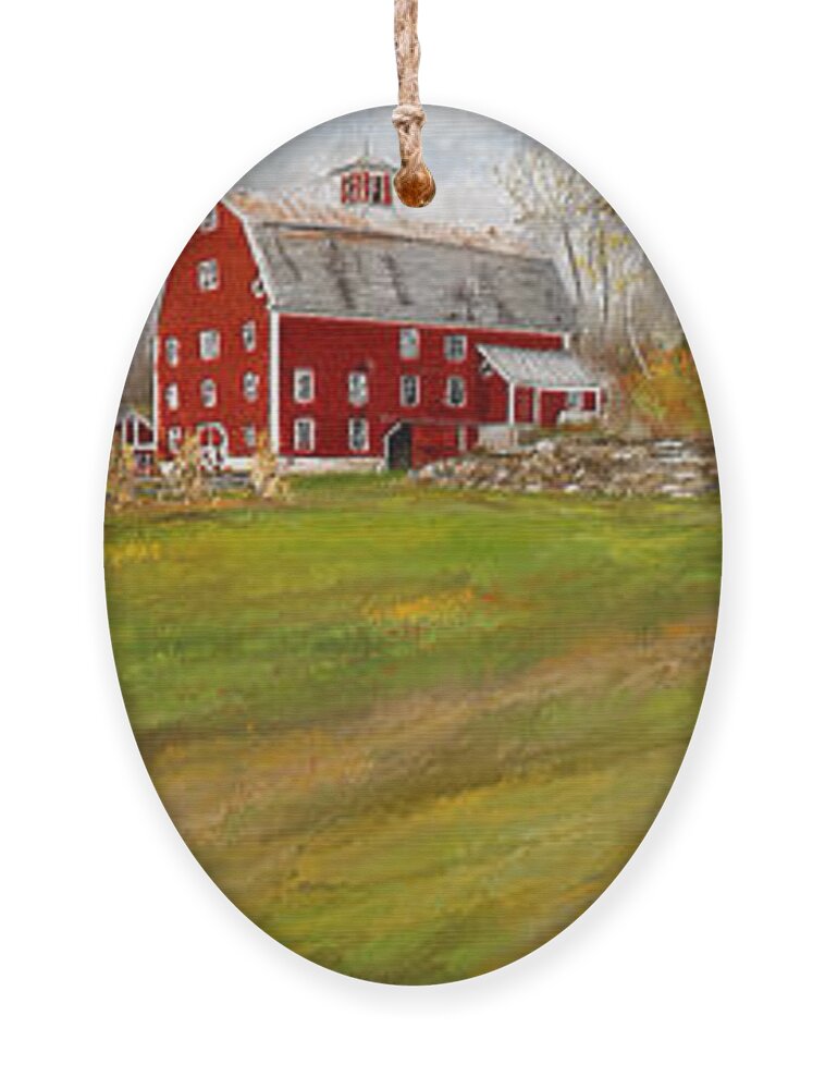 Farmhouse At Robinson Farm Ornament featuring the painting Red Barn Art- Farmhouse Inn At Robinson Farm by Lourry Legarde