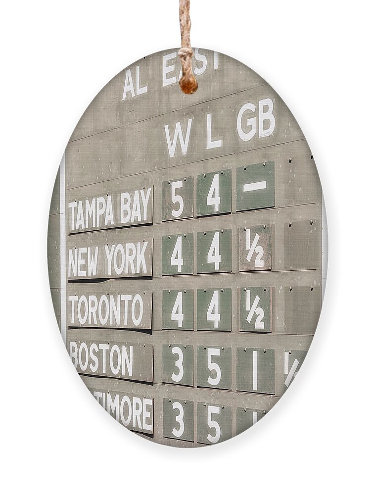 Green Monster Ornament featuring the photograph Fenway Park AL East Scoreboard Standings by Susan Candelario
