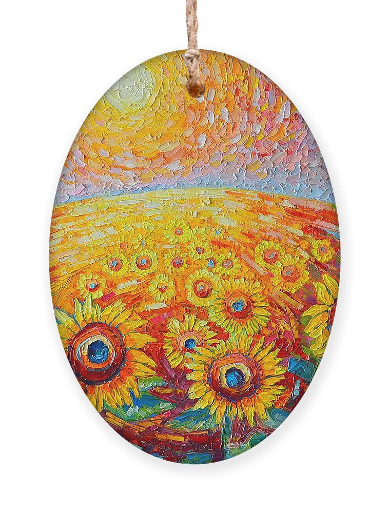 Sunflower Ornament featuring the painting Fields Of Gold - Abstract Landscape With Sunflowers In Sunrise by Ana Maria Edulescu