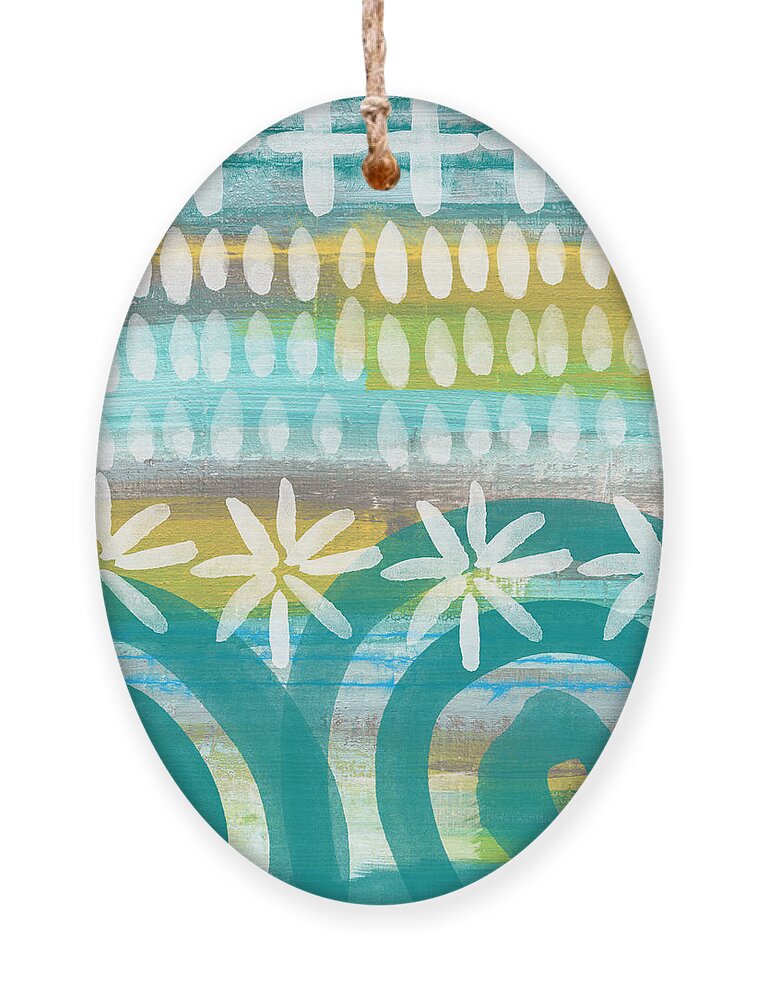 Blue And Yellow Ornament featuring the painting Flowers and Waves- abstract pattern painting by Linda Woods