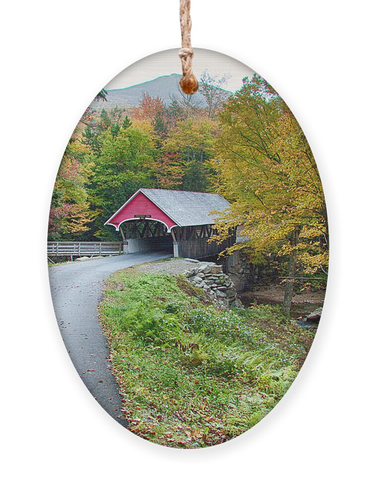 Autumn Foliage New England Ornament featuring the photograph Flume Gorge covered bridge by Jeff Folger