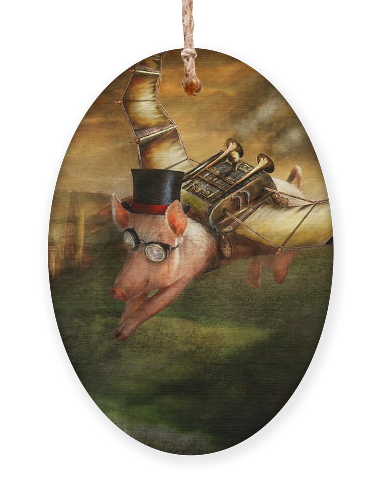Pig Ornament featuring the photograph Flying Pig - Steampunk - The flying swine by Mike Savad