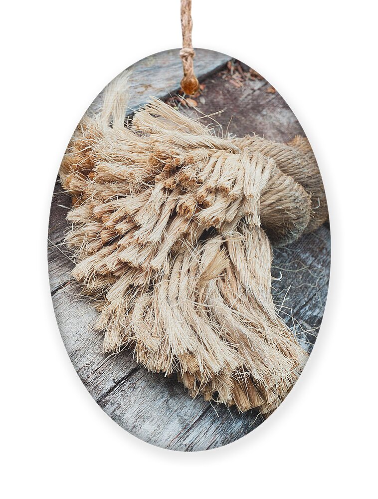 Frayed end of sisal rope lying on weathered wood Ornament by