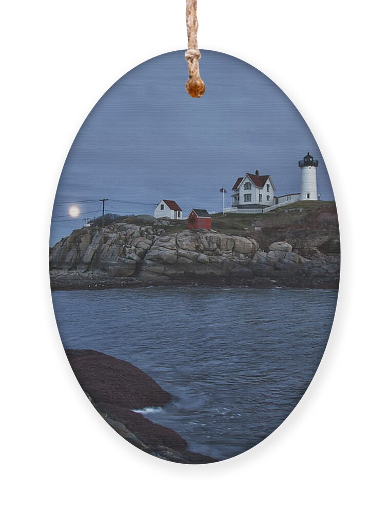 Maine Lighthouse Ornament featuring the photograph Full Moon Rise Over Nubble by Jeff Folger