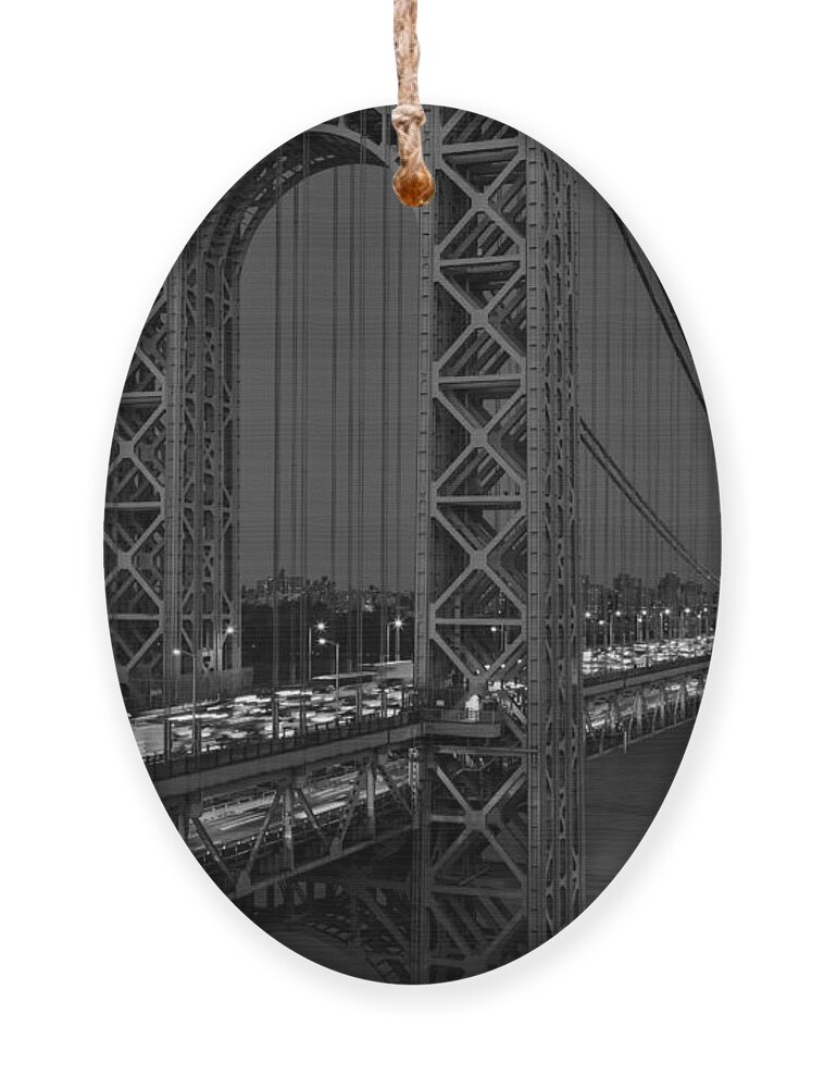 George Washington Bridge Ornament featuring the photograph George Washington Bridge Moon Rise BW by Susan Candelario