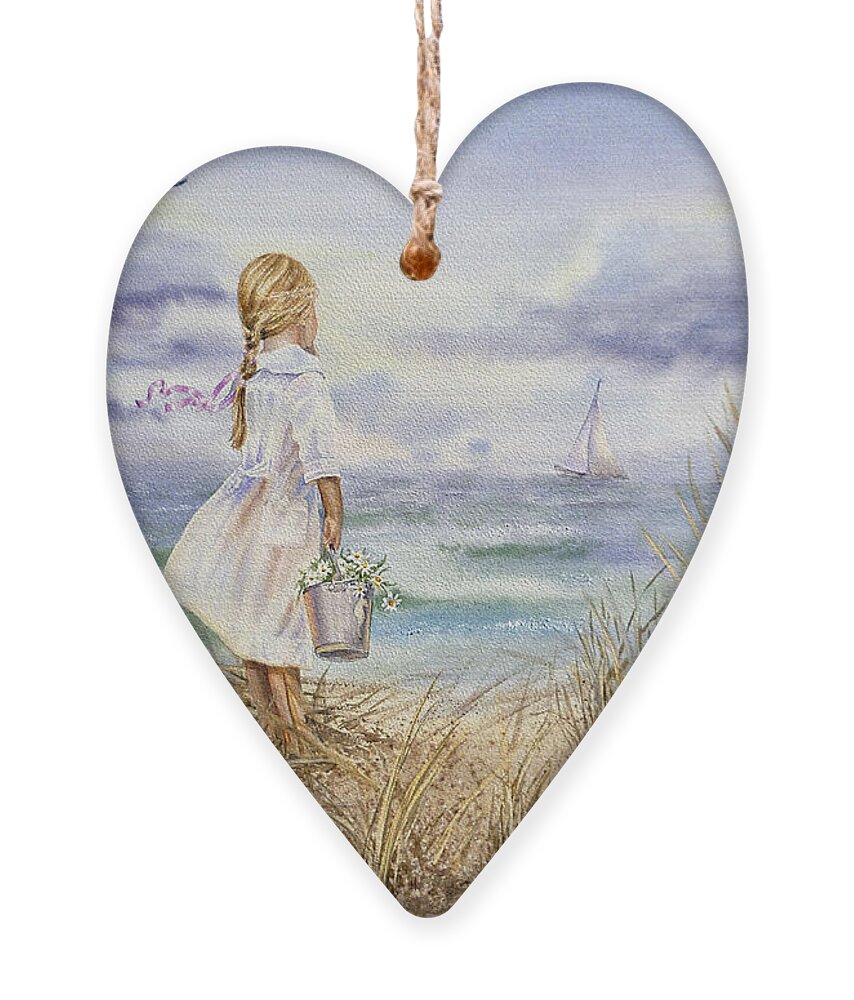 Girl Ornament featuring the painting Girl At The Ocean by Irina Sztukowski