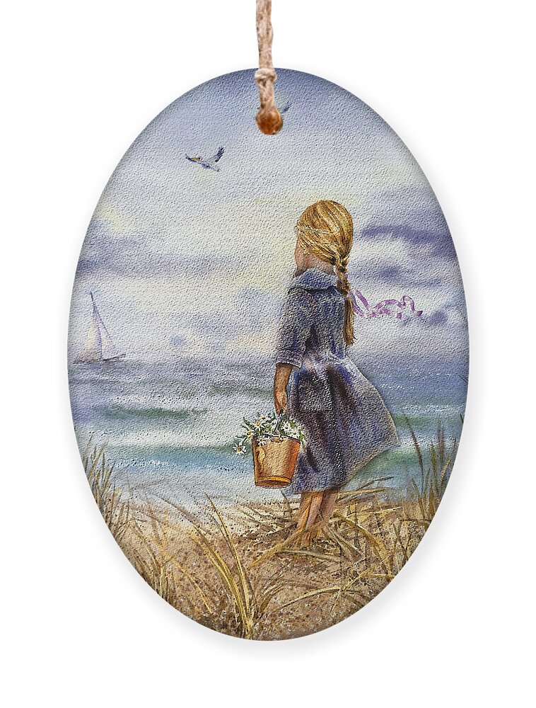 Girl Ornament featuring the painting Girl And The Ocean by Irina Sztukowski