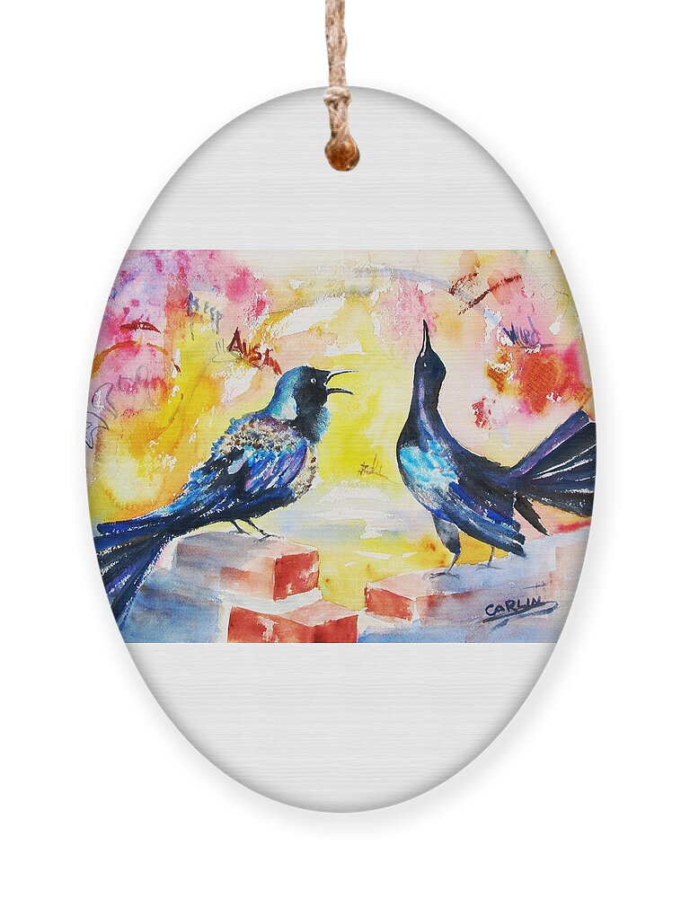 Bird Ornament featuring the painting Grackles and Graffiti by Carlin Blahnik CarlinArtWatercolor