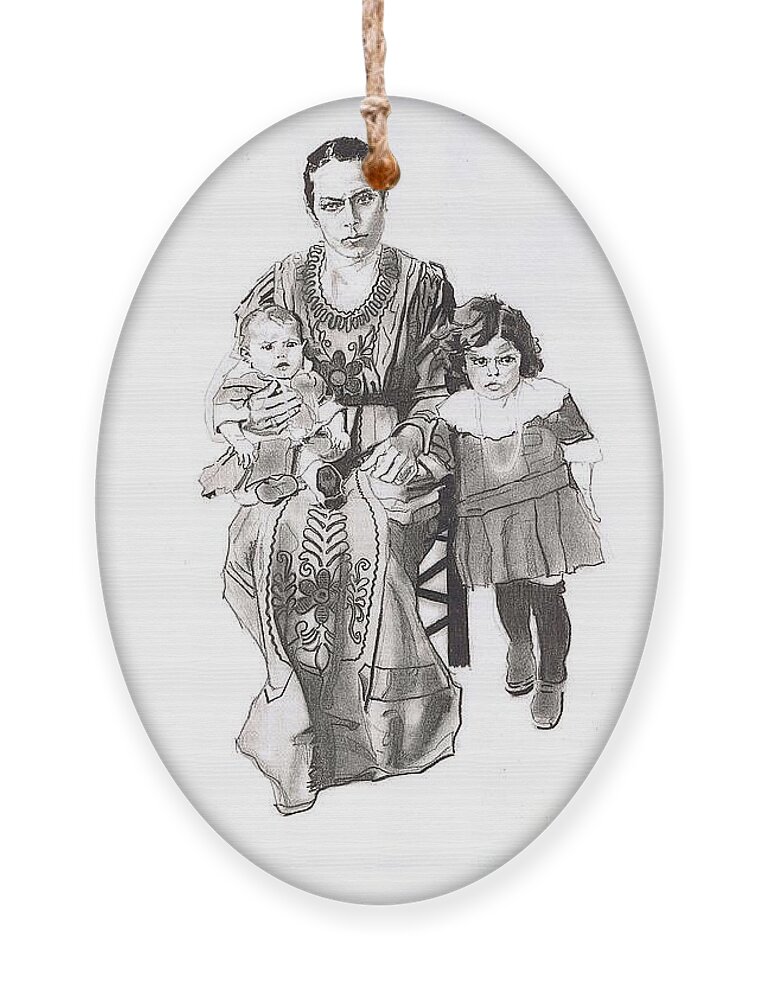 Charcoal Pencil On Paper Ornament featuring the drawing Grandma's Family by Sean Connolly