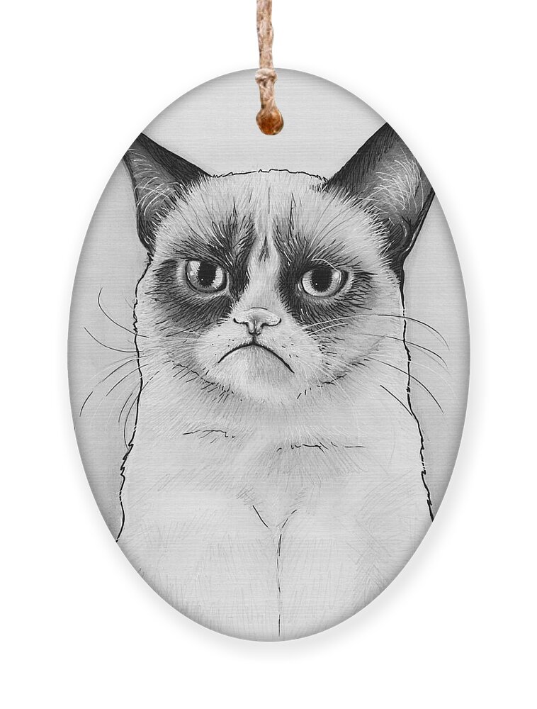 Grumpy Cat Ornament featuring the drawing Grumpy Cat Portrait by Olga Shvartsur