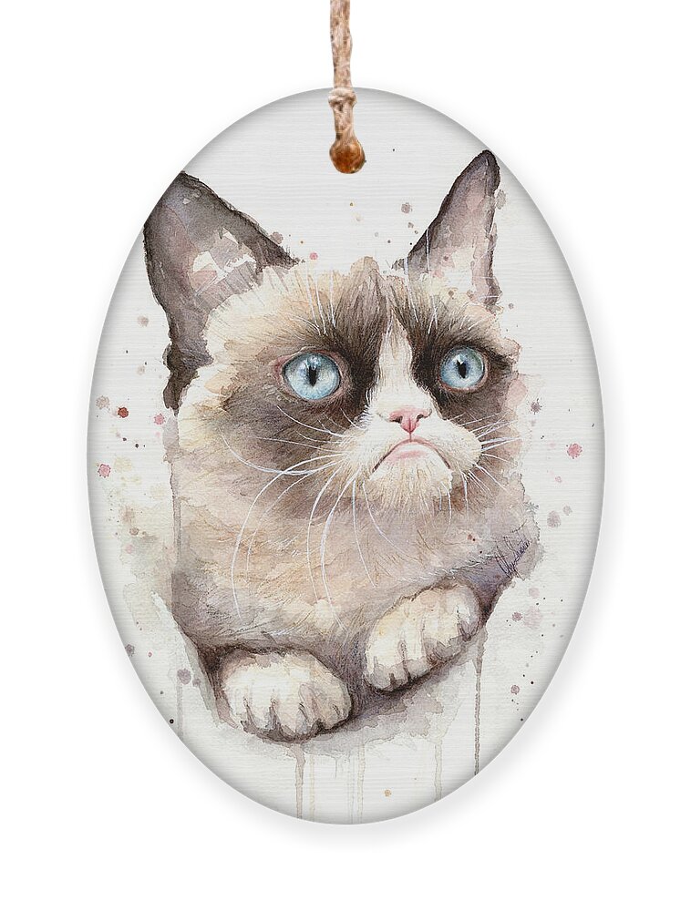 Grumpy Ornament featuring the painting Grumpy Cat Watercolor by Olga Shvartsur