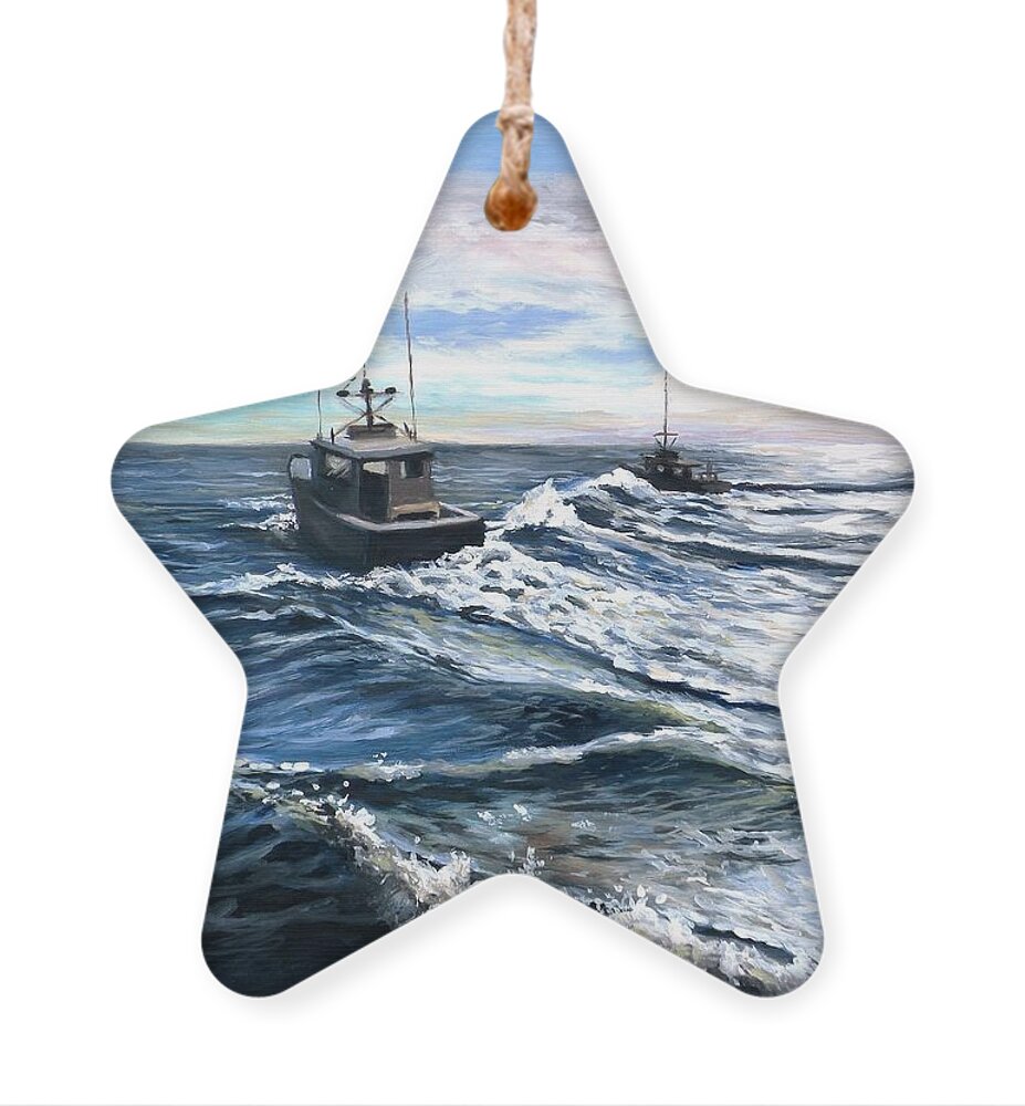 Boats Ornament featuring the painting Heading Out by Eileen Patten Oliver