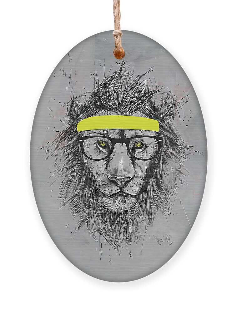 Lion Ornament featuring the drawing Hipster lion by Balazs Solti