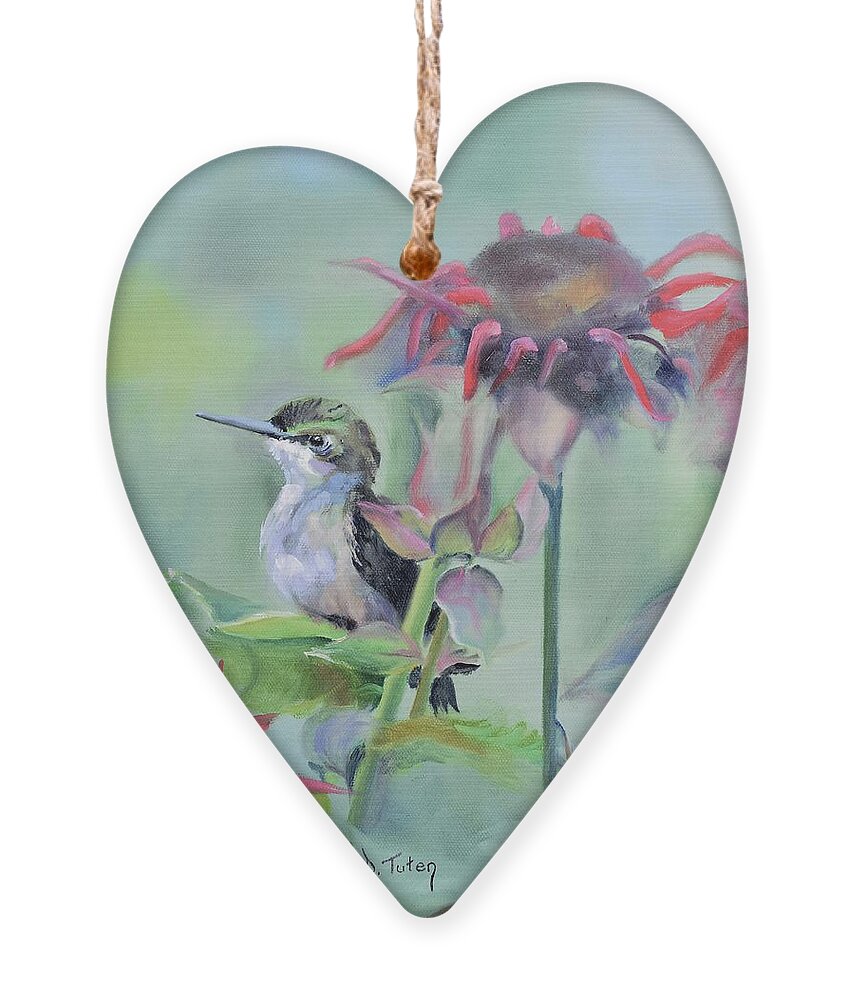Hummingbird Ornament featuring the painting Hummingbird and Coneflowers by Donna Tuten