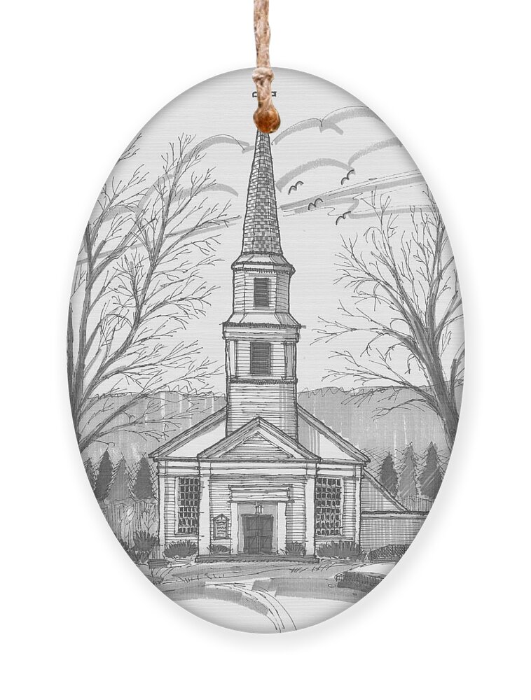 Hurley Church Ornament featuring the drawing Hurley Reformed Church by Richard Wambach