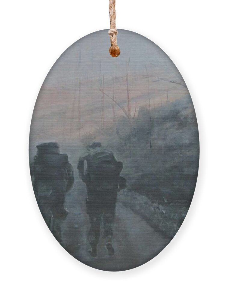 Army Ornament featuring the painting Into The Fog by Paula Pagliughi