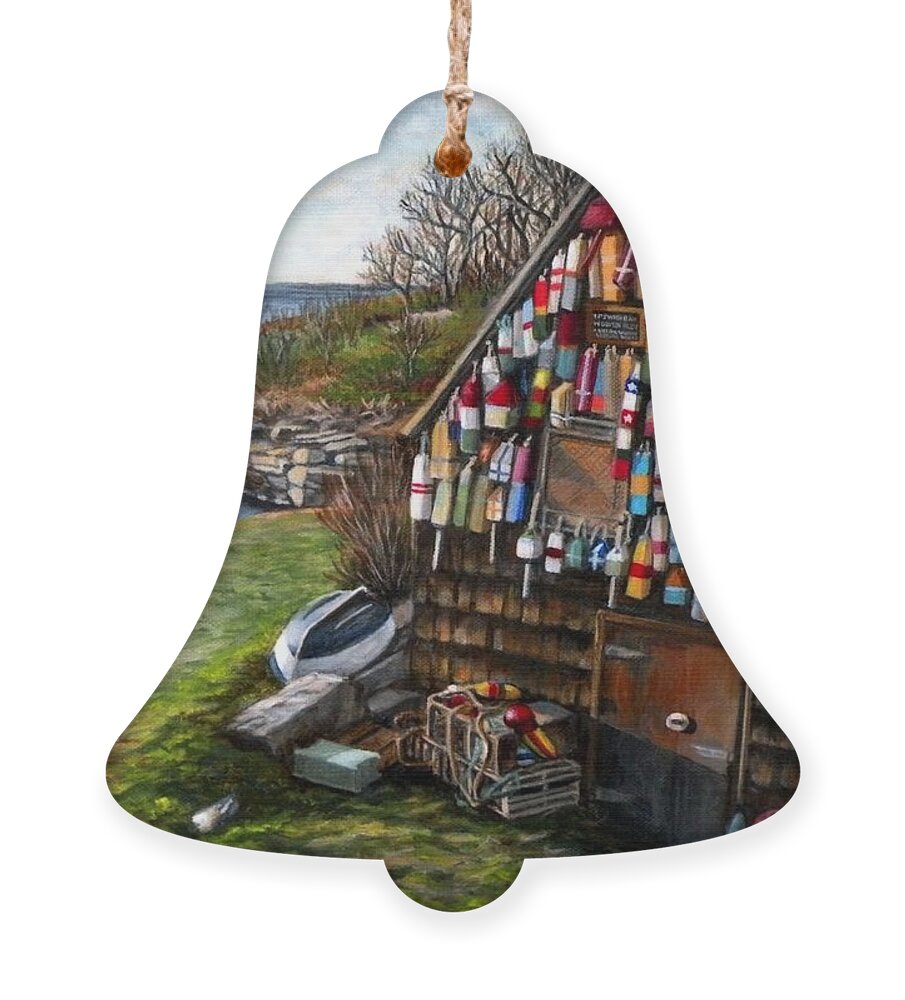 Ipswich Bay Ornament featuring the painting Ipswich Bay Wooden Buoys by Eileen Patten Oliver