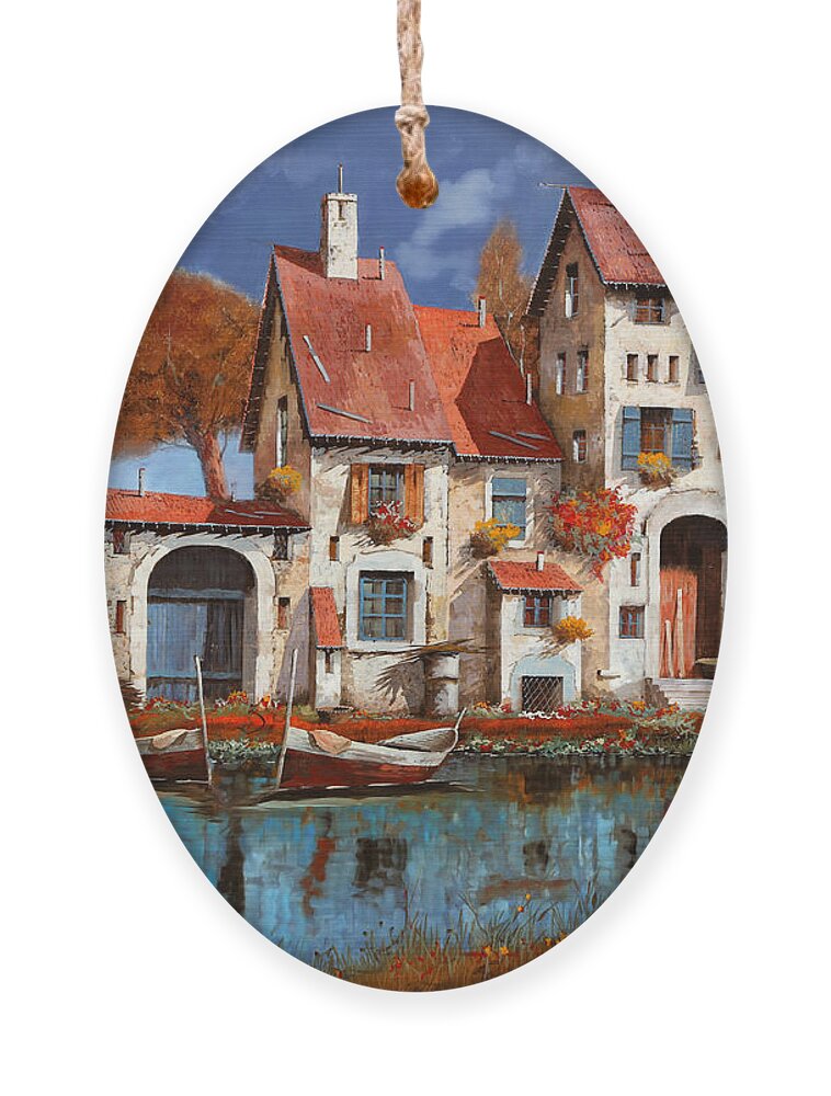 Little Village Ornament featuring the painting La Cascina Sul Lago by Guido Borelli