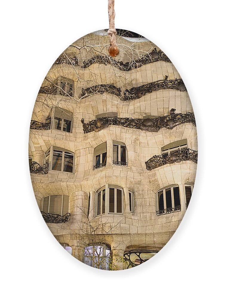 Pedrera Ornament featuring the photograph La Pedrera at night - Gaudi by Weston Westmoreland