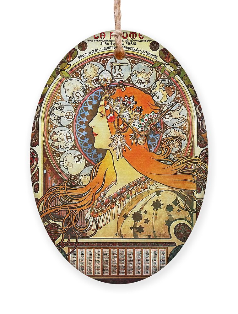Alphonse Mucha Ornament featuring the painting La Plume Zodiac by Alphonse Mucha