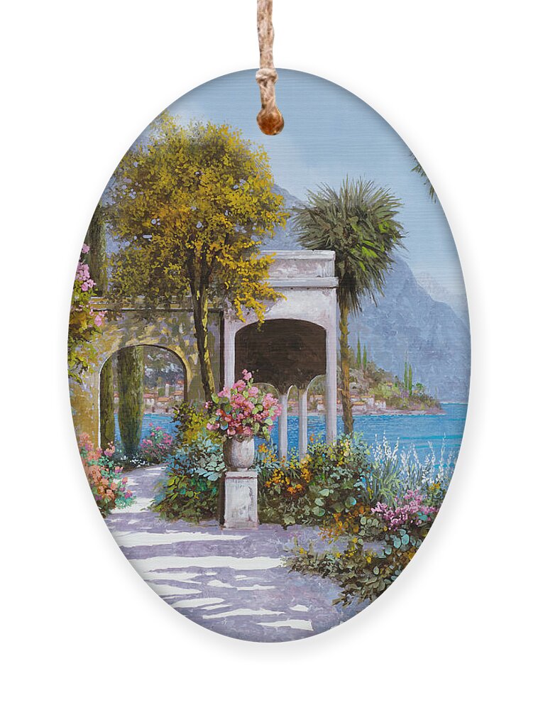 Lake Ornament featuring the painting Lake Como-la passeggiata al lago by Guido Borelli