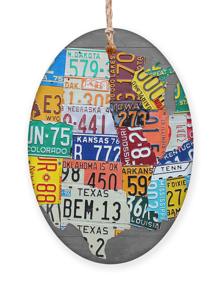 License Plate Map Ornament featuring the mixed media License Plate Map of The United States on Gray Wood Boards by Design Turnpike