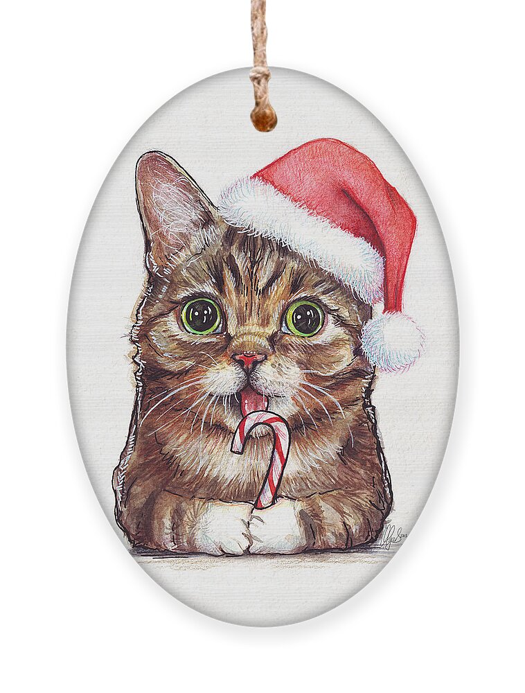 Lil Bub Ornament featuring the painting Cat Santa Christmas Animal by Olga Shvartsur